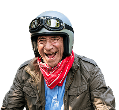 excited older man with helmet on