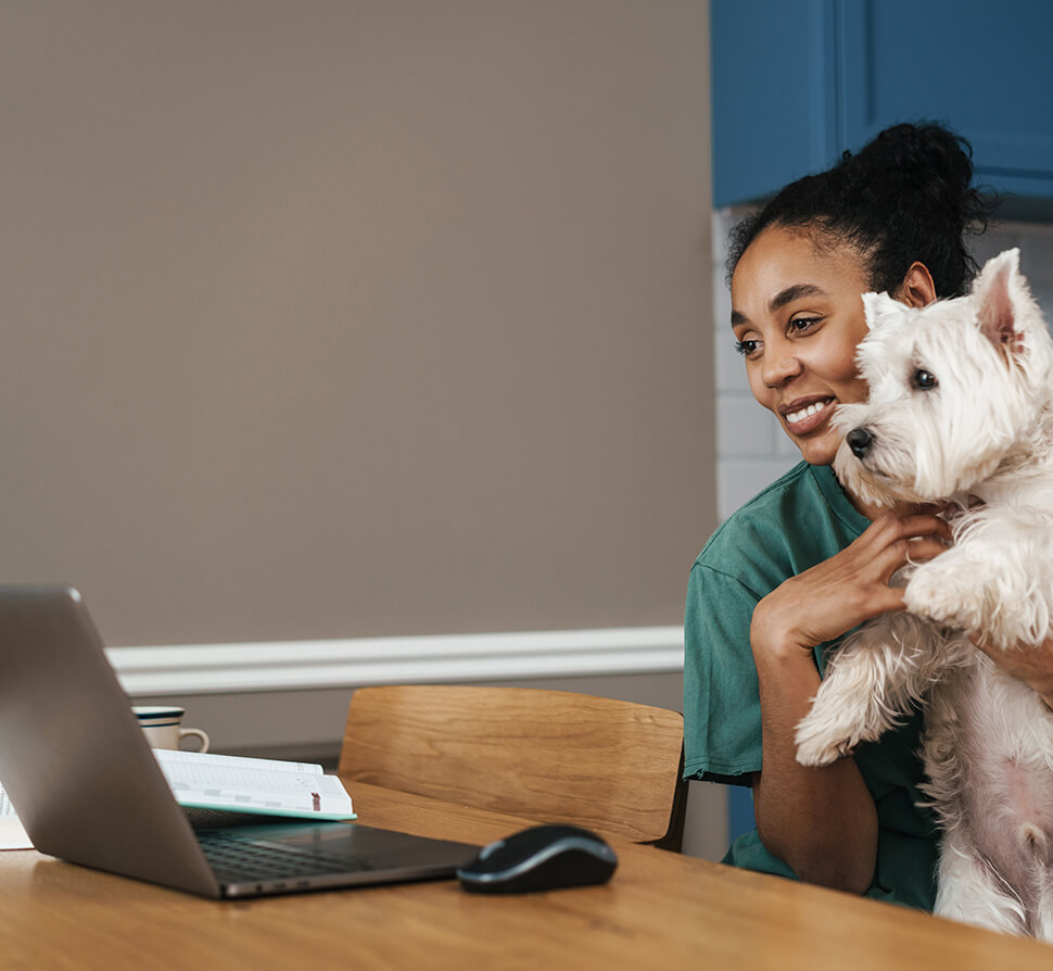 Woman holding white dog looking at laptop